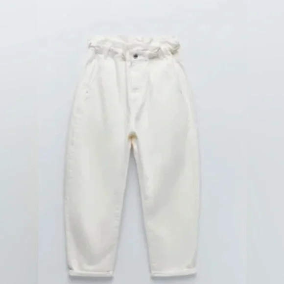 Zara White Paperbag Waist Trousers Jeans Size 10 - Picture 10 of 12